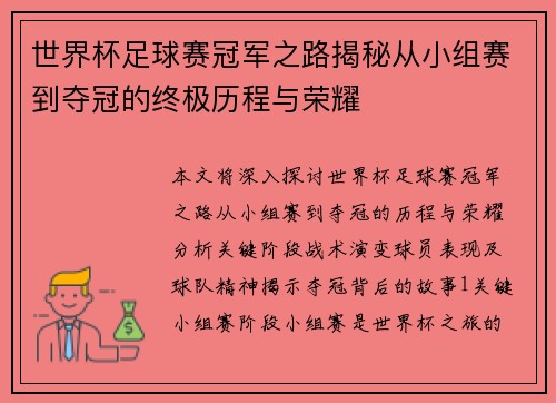 世界杯足球赛冠军之路揭秘从小组赛到夺冠的终极历程与荣耀